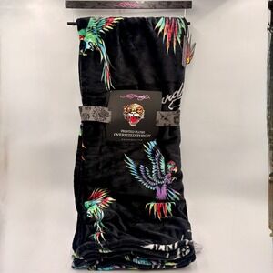Ed Hardy Printed Plush Oversized Throw Blanket Black Parrot Tattoo Art 60x70 NEW